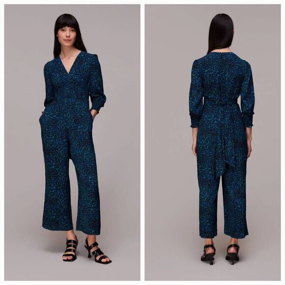 Whistles Forest Leopard Ankle Length Smocked Tie Waist Jumpsuit Sz. 8 - Picture 1 of 7